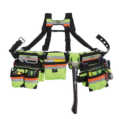 Hi-Visibility 3-Bag Framer's Tool Belt with Suspenders Suspension Rig with 29-Pockets