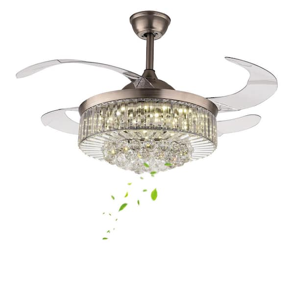OUKANING 42 in. Integrated LED Indoor Silver Crystal Acrylic Retractable Blade Ceiling Fan with Light
