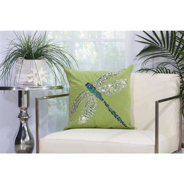 Mina Victory Beaded Dragonfly Green and Turquoise Polyester Standard Throw Pillow
