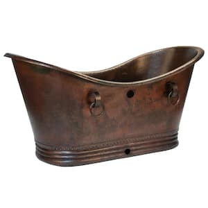 72-in. Hammered Copper Flatbottom Double Slipper Bathtub with Rings and Overflow Holes in Oil Rubbed Bronze