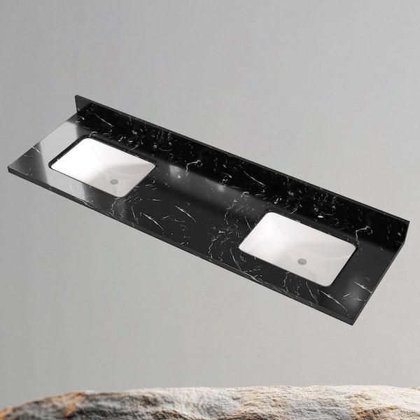 72 in. W x 22 in. D Quartz Stone White Rectangular Undermount Double Sink and 4 in. H Backsplash Vanity Top in Black
