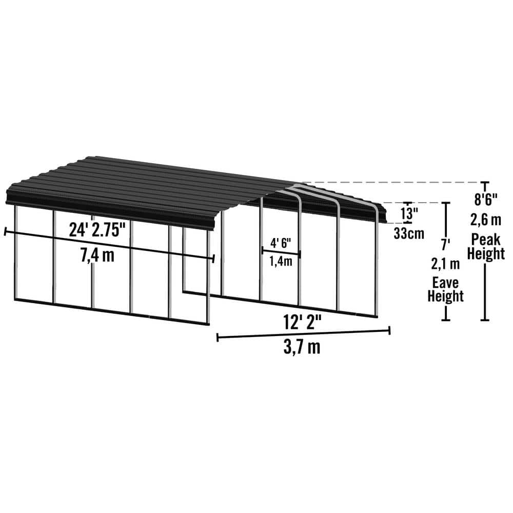 Charcoal 12' x 24' Galvanized Steel Carport with Black Frame