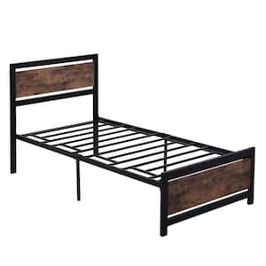 77 in.W Black Twin Size Platform Bed with Headboard and Footboard, Metal and Wood Bed Frame with Steel Slat Support