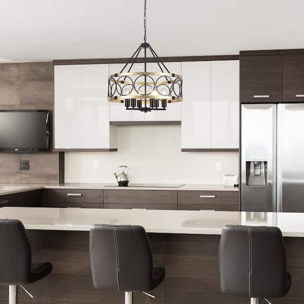 6 Light Matte Black and Gold Modern Farmhouse Lantern Drum Chandelier for Living Room Foye with No Bulbs Included