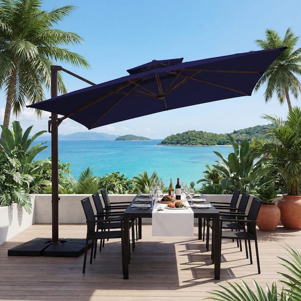 JEAREY 10 ft. x 10 ft. Square Two-Tier Top Rotation Outdoor Cantilever Patio Umbrella with Cover in Navy JEAREY 10 ft. x 10 ft. Square Two-Tier Top Rotation Outdoor Cantilever Patio Umbrella with Cover in Navy