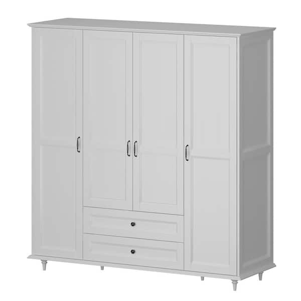 FUFU&GAGA White Wood 70.9 in. W 4-Door Big Armoires With 3-Hanging Rods, 2-Drawers, Adjustable Shelves (23.6 in. D x 74.8 in. H)