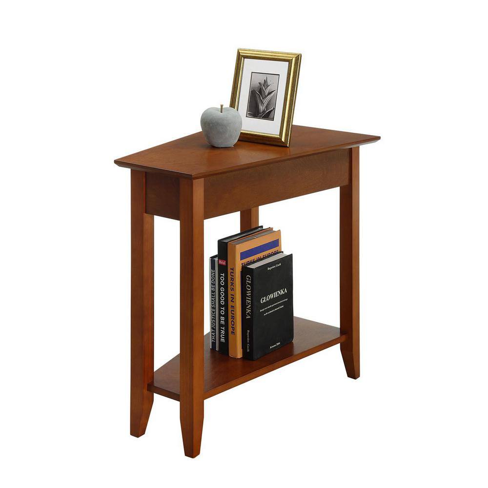 Triangular Cherry Wood and Metal Wedge End Table with Shelf