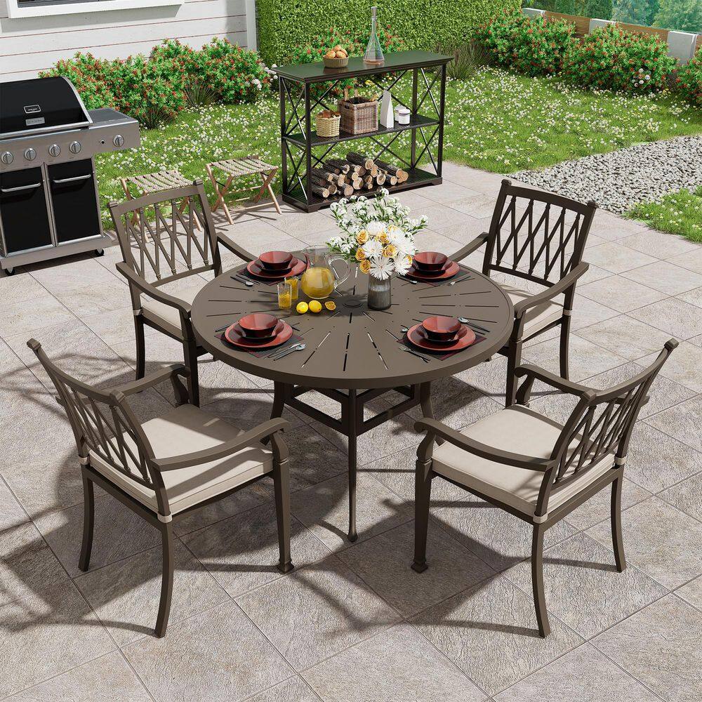 Beige Cushioned Cast Aluminum Outdoor Dining Chairs, Set of 4