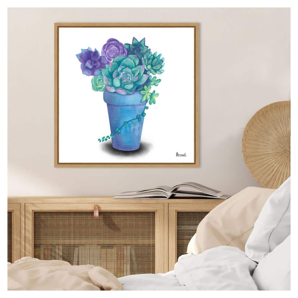 Turquoise Succulents IV Watercolor Canvas with Maple Frame