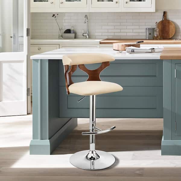 Armen Living Ruth 43 in. Product Height Low Back Adjustable Swivel Cream Faux Leather & Walnut Wood Frame Bar Stool with Chrome Base