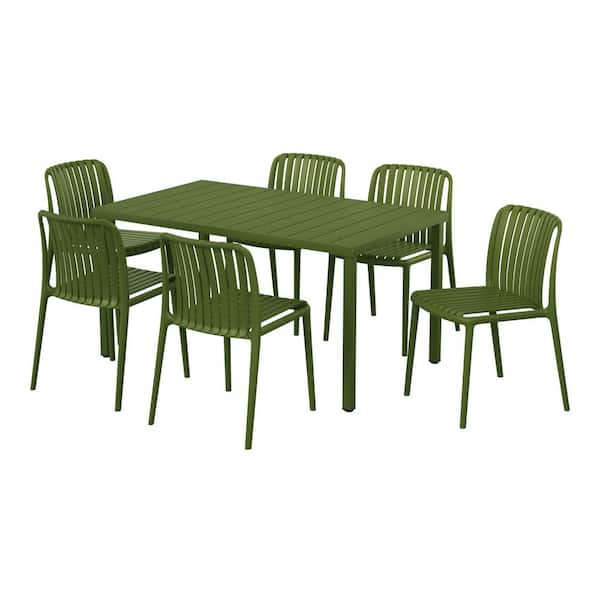 FrondandForm Modern Outdoor Patio 7-Piece Rectangular Iron Dining Set w/ Plastic Stackable Chairs, Olive Green