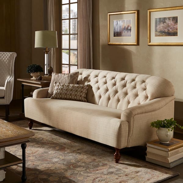 HomeSullivan 75 in. Beige Linen Walnut Finish 3-Seat Chesterfield Sofa ...