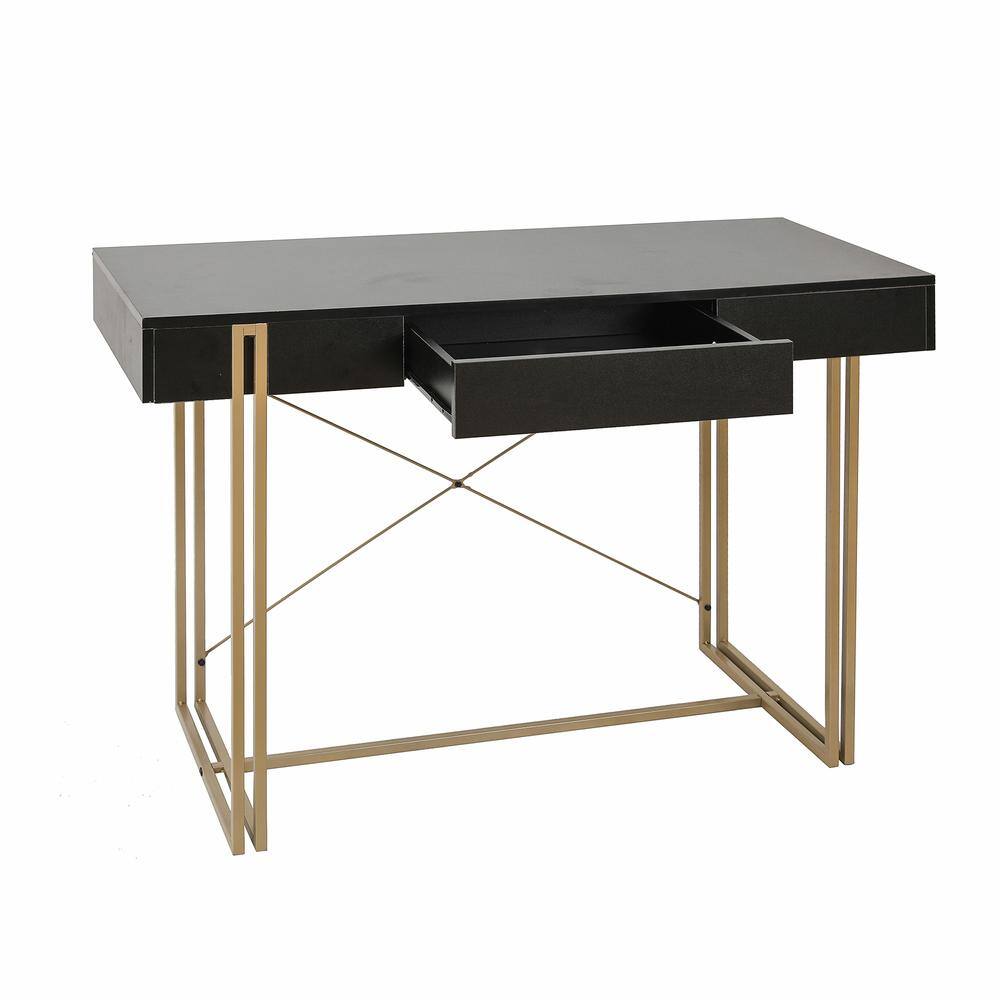 Modern Black Wood Desk with Gold Legs and Drawer