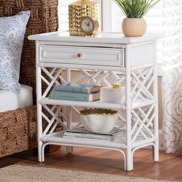 Tiaret White Rattan 1-Drawer Nightstand