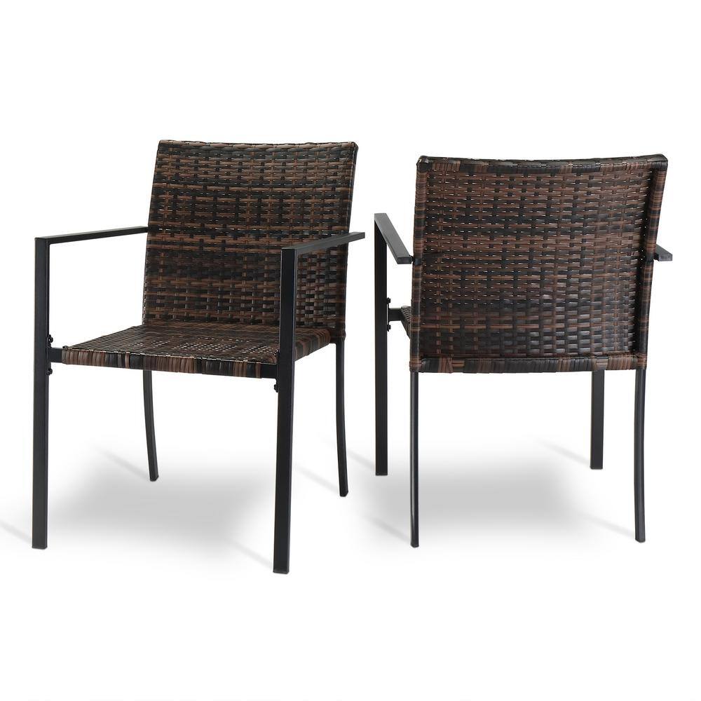Brown Wicker and Metal Outdoor Dining Armchair Set
