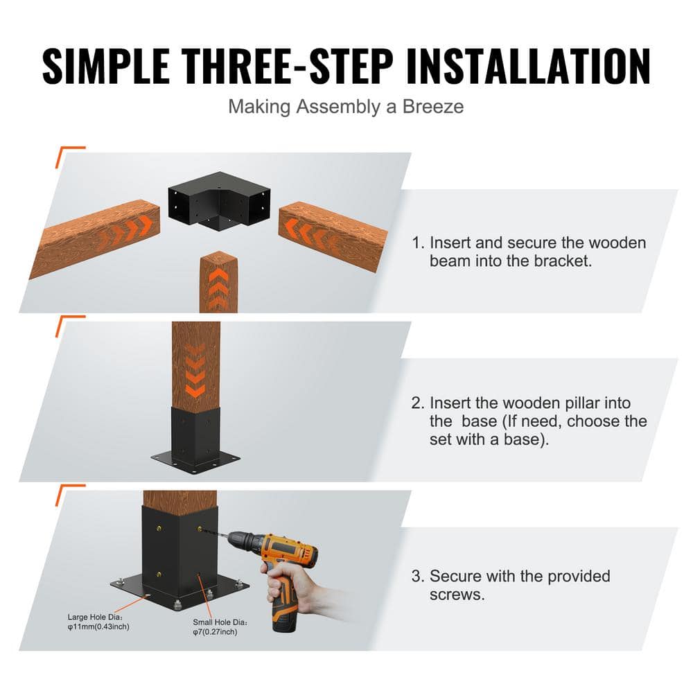 Black Alloy Steel 3-Way Pergola Bracket Kit