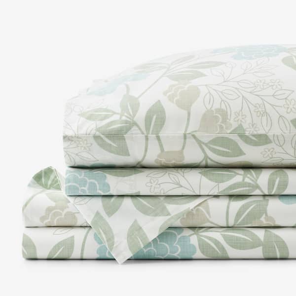The Company Store Company Cotton Mariel Floral Sea Blue Cotton Percale Twin Sheet Set