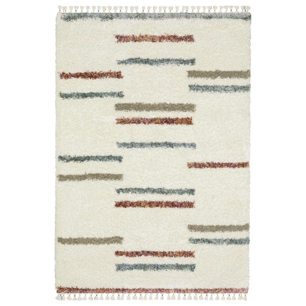 Avalon Ivory/Multi-Colored 5 ft. x 8 ft. Staggered Geometric Stripe Polypropylene Shag Tassel Indoor Area Rug price history on PriceWatchPro
