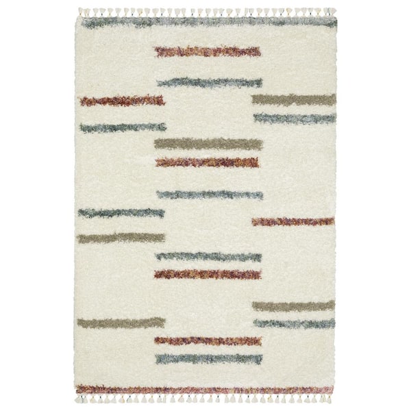 AVERLEY HOME Avalon Ivory/Multi-Colored 8 ft. x 11 ft. Staggered Geometric Stripe Polypropylene Shag Tassel Indoor Area Rug