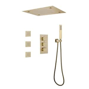 3-Jet LED Shower System and 20 in. x 14 in. Ceiling Mount Dual Shower Heads with Handheld in Brushed Gold