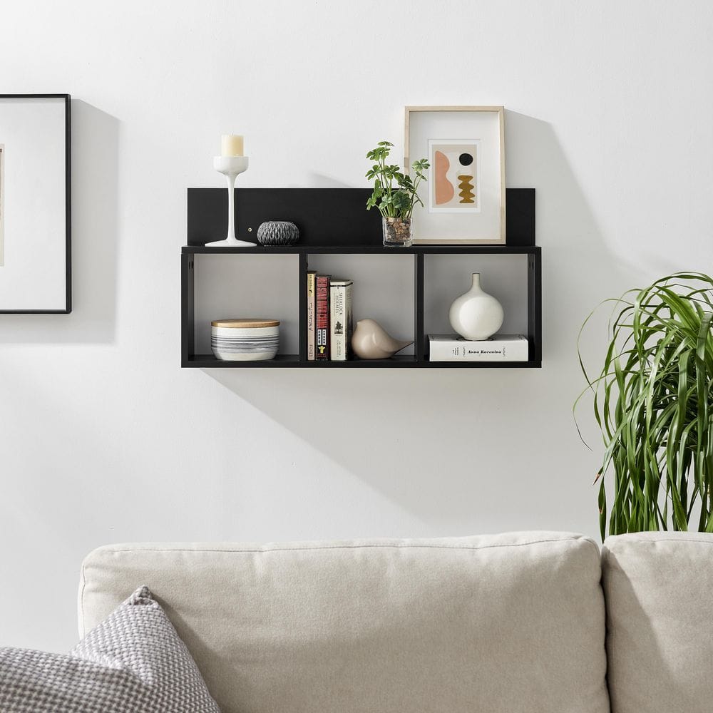 Black MDF 34" Floating Cube Wall Shelf with Display Ledge