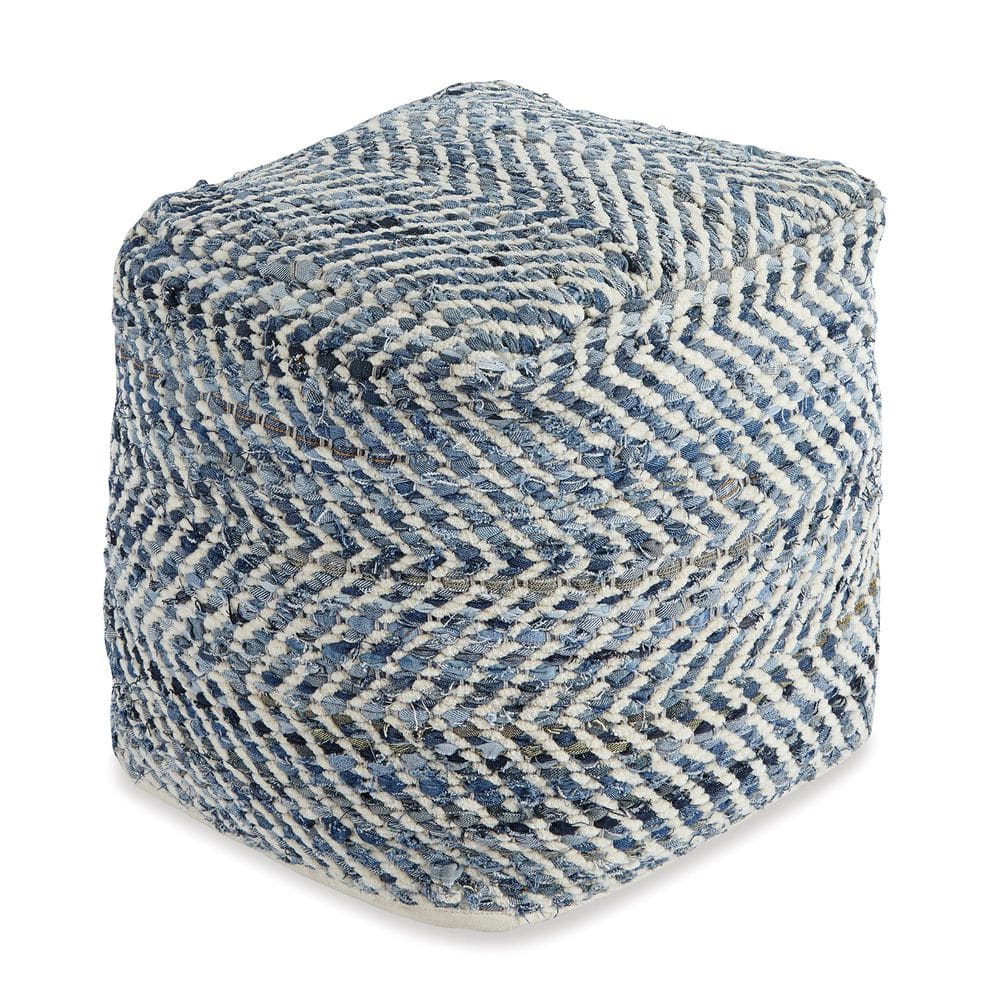Contemporary Blue Denim Woven Pouf Ottoman 18"