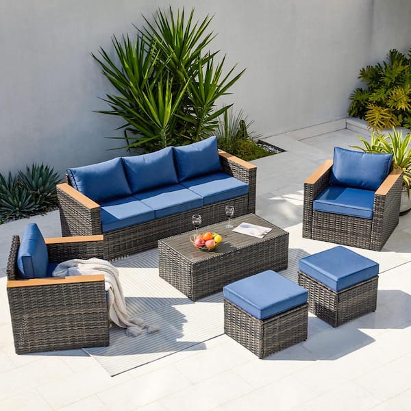 Cesicia 6-Piece Gray Wicker Outdoor Sectional Sofa Set with Rectangular Table and Blue Cushions