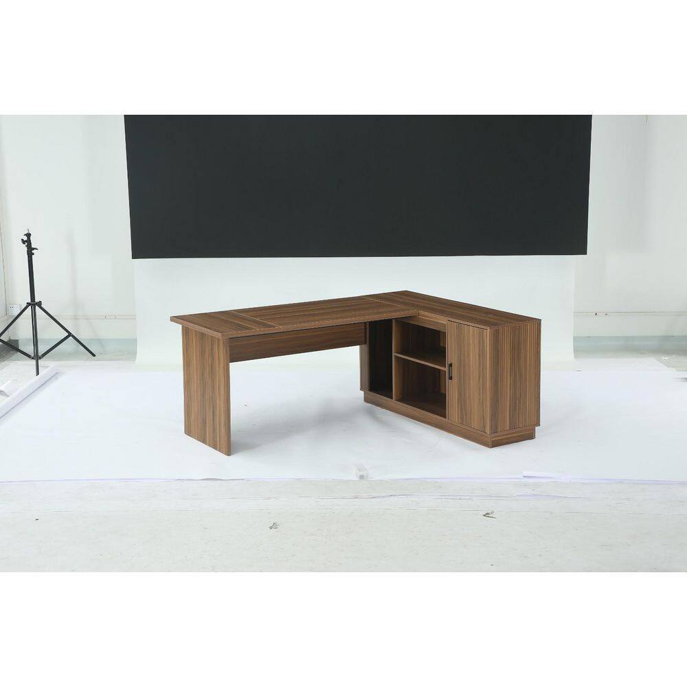 70.8 in. Light Walnut L-Shaped Wood Executive Desk with Storage Shelves, Computer Desk with File Cabinet Home Office