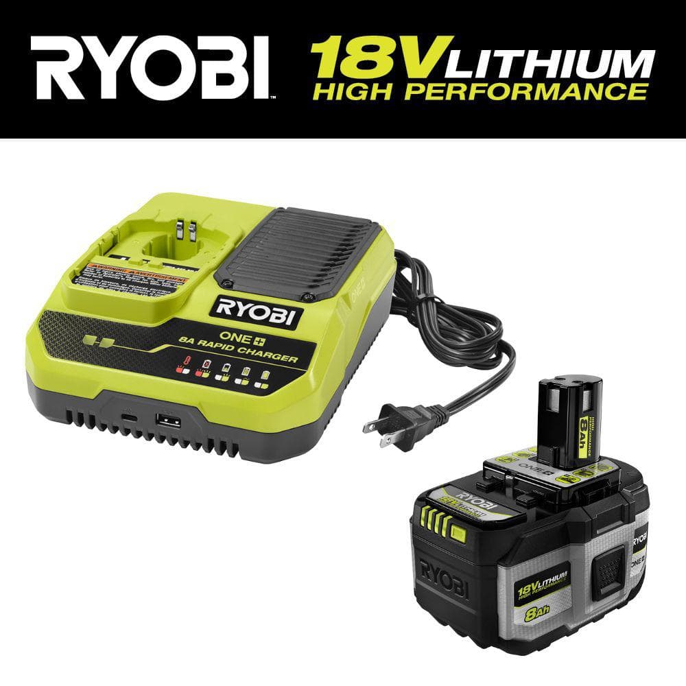 RYOBI ONE+ 18V 8A Rapid Charger with ONE+ 18V 8.0 Ah Lithium-Ion HIGH PERFORMANCE Battery -  PCG008PBP1008