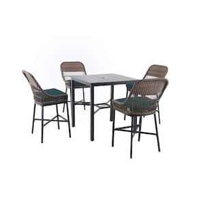 Beacon Park 5-Piece Brown Wicker Outdoor Patio High Dining Set with CushionGuard Charleston Blue-Green Cushions