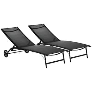 2-Piece Black Metal Black Fabric Outdoor Chaise Lounge Wheels Tanning Chair and 5 Adjustable Positions for Garden