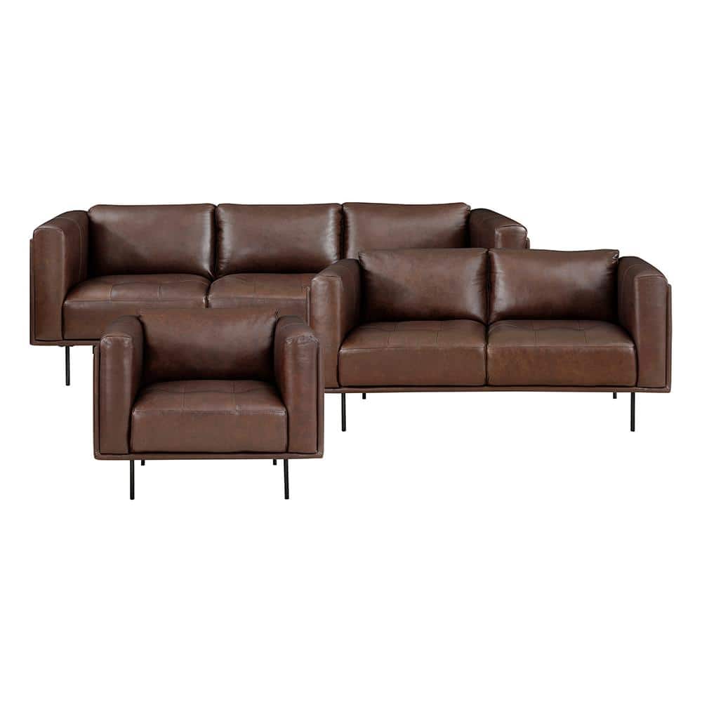 Flint 88 in. W Straight Arm Leather Rectangle 3-Piece Living Room Sofa Set 