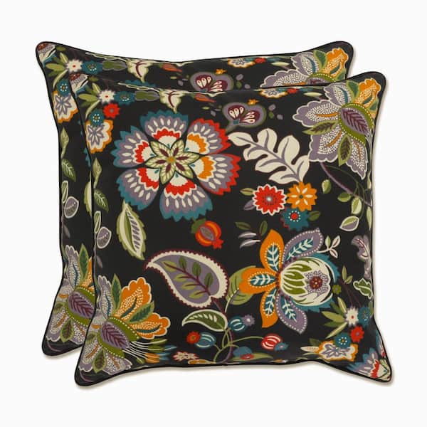 Pillow Perfect Floral Black Square Outdoor Square Throw Pillow 2-Pack
