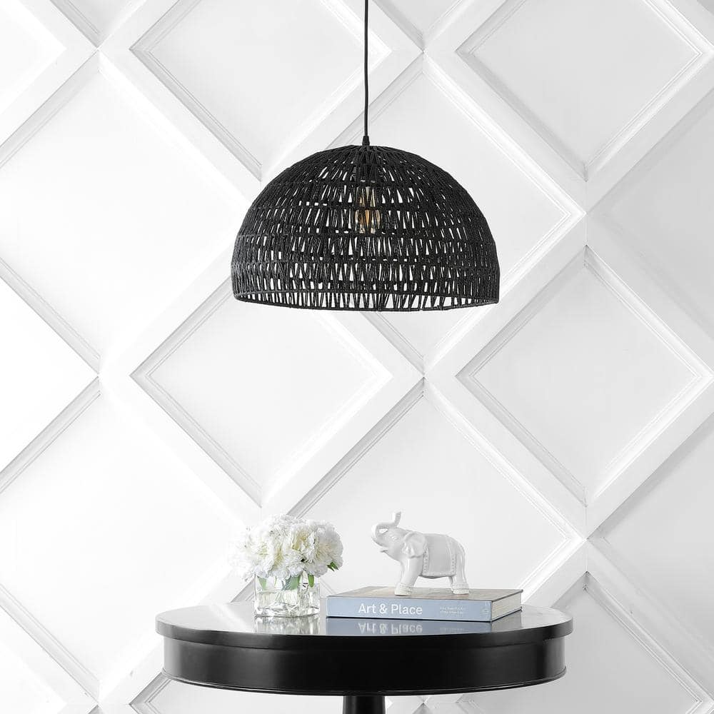 Bohemian Black Woven Rattan & Iron LED Dome Pendant 20"