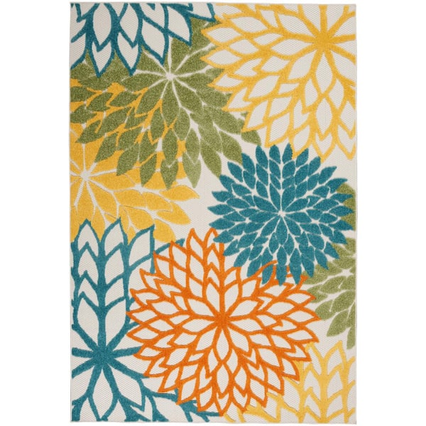 Nourison Aloha Turquoise Multicolor 6 ft. x 9 ft. Floral Contemporary Indoor/Outdoor Patio Area Rug