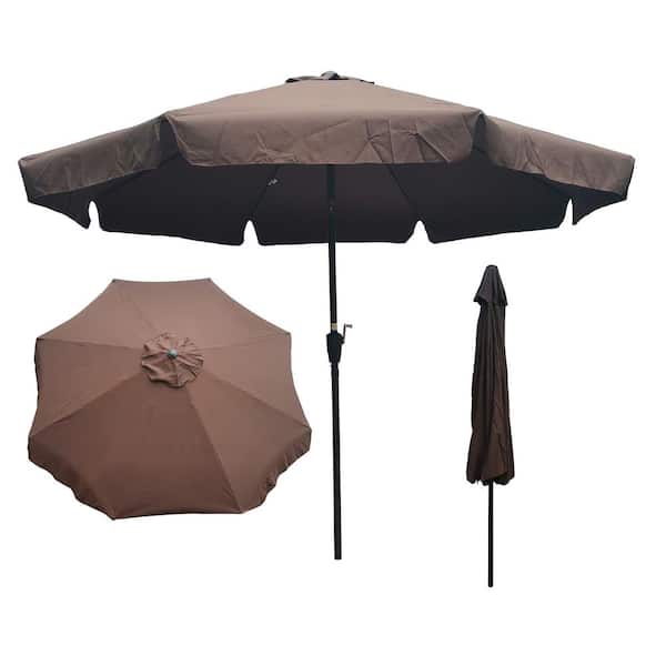 Tunearary 10 ft. Beach Patio Umbrella Table Umbrella with Crank and Push Button Tilt in LED Lights in Chocolate(Brown)