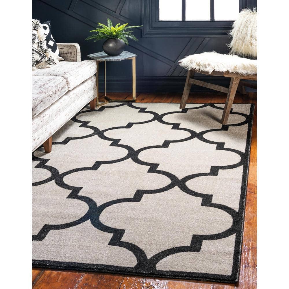Beige and Black Trellis 7' x 10' Rectangular Easy Care Rug