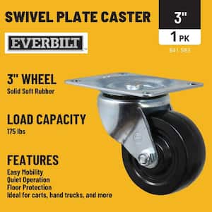 3 in. Black Soft Rubber and Steel Swivel Plate Caster with 175 lbs. Load Rating