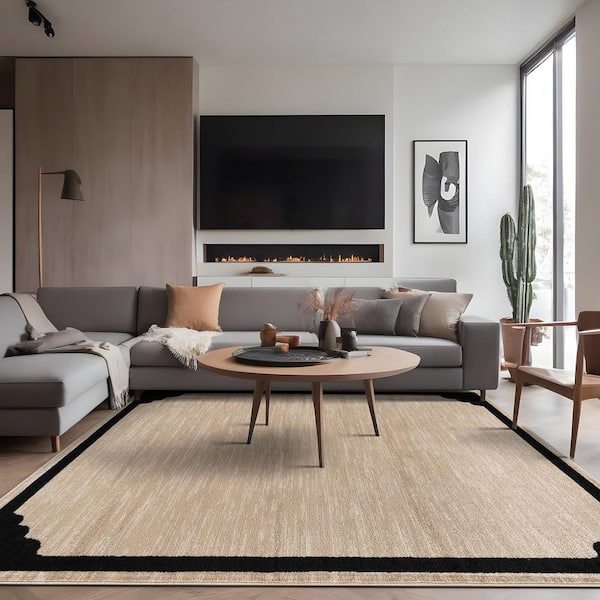 Hera Beige 8 ft. x 10 ft. Rubber Back Washable Corner Bordered Indoor Outdoor Patio Area Rug