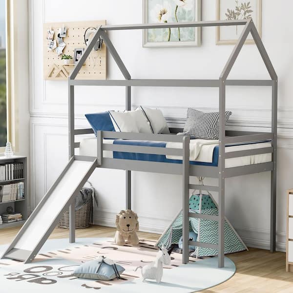 Harper & Bright Designs Gray Wood Frame Twin Size House Loft Bed with Slide, Roof Design