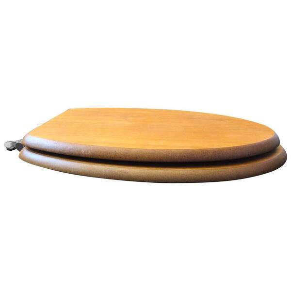 JONES STEPHENS - Decorative Wood Elongated Closed Front Toilet Seat with Cover and Brushed Nickel Hinge in Light Oak
