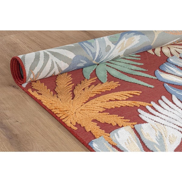 Jungle Red 9 ft. x 12 ft. Washable Tropical Floral Indoor Outdoor