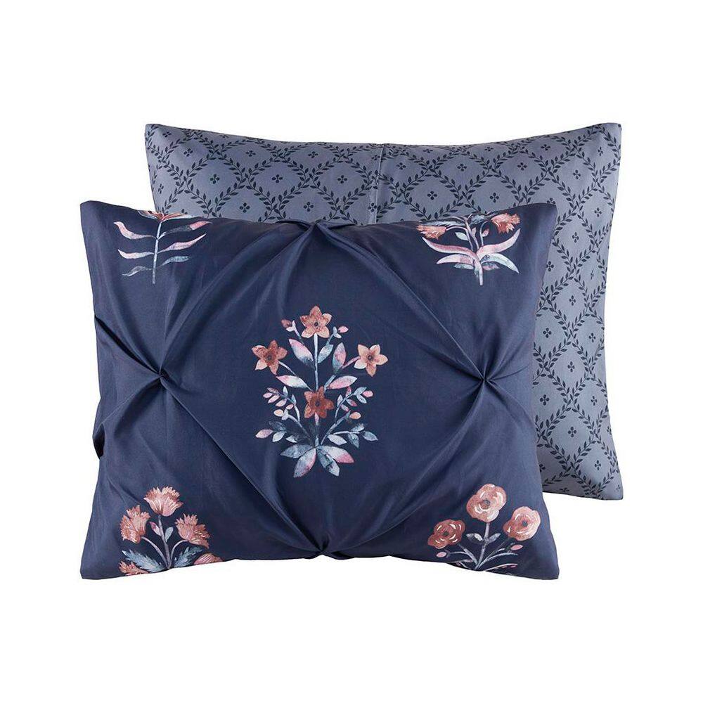 Navy Floral Pintuck Cotton Full/Queen Bedspread Set