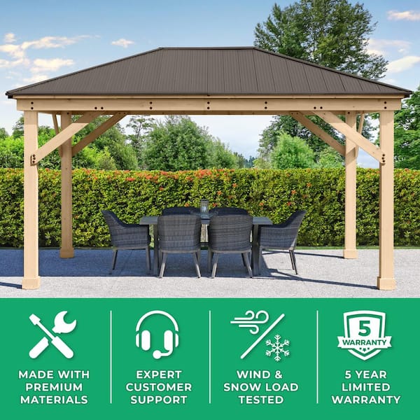 Meridian 12 ft. x 16 ft. Premium Cedar Outdoor Patio Shade Gazebo with a 12 ft. Bar Counter and Brown Aluminum Roof
