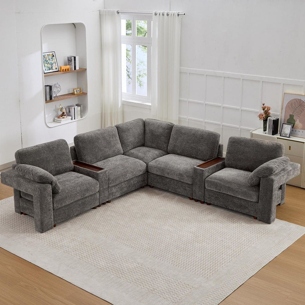 Seafuloy 121 in. Straight Arm 5-Piece Chenille Oversized Modular