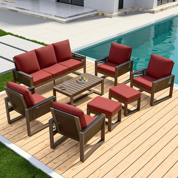 EAGLE PEAK 8-Piece Cedar Wood Wicker Outdoor Patio Conversation Sofa Set with Red Cushions, Large Coffee Table, Ottomans