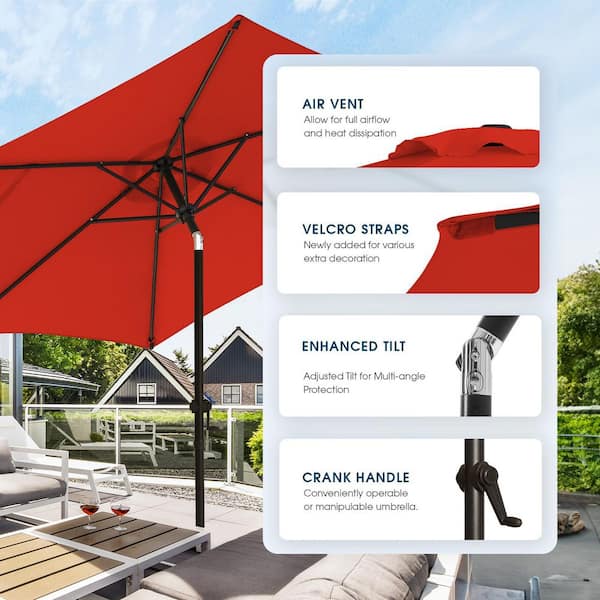 7.5 ft steel market patio umbrella in trellis chili ABCCANOPY Outdoor 8 Ribs for Pool 7.5FT, 9FT, 10FT 9FT / Dark Gray supported by 6 powder steel umbrella bones Steel Triple Vent Market Patio