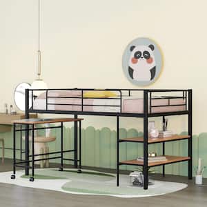 Black Twin Size Metal Loft Bed with Desk and Shelves