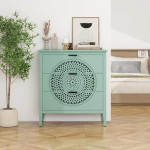 Drysian Light Green Modern 3-drawer 31.5 in. Wide Chest of Drawers with Metal Handles, Hollow Carved Design