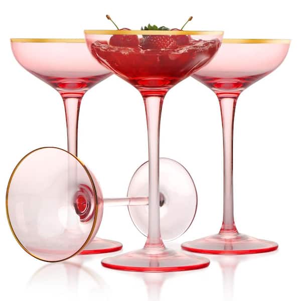 Set of 4 Hand-Blown 5 oz Pink Champagne Coupe Glasses with Rose Gold Accents, Lead-Free Crystal Cocktail